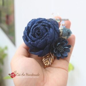 Hoa cài áo voan xốp cuộn kép xanh denim